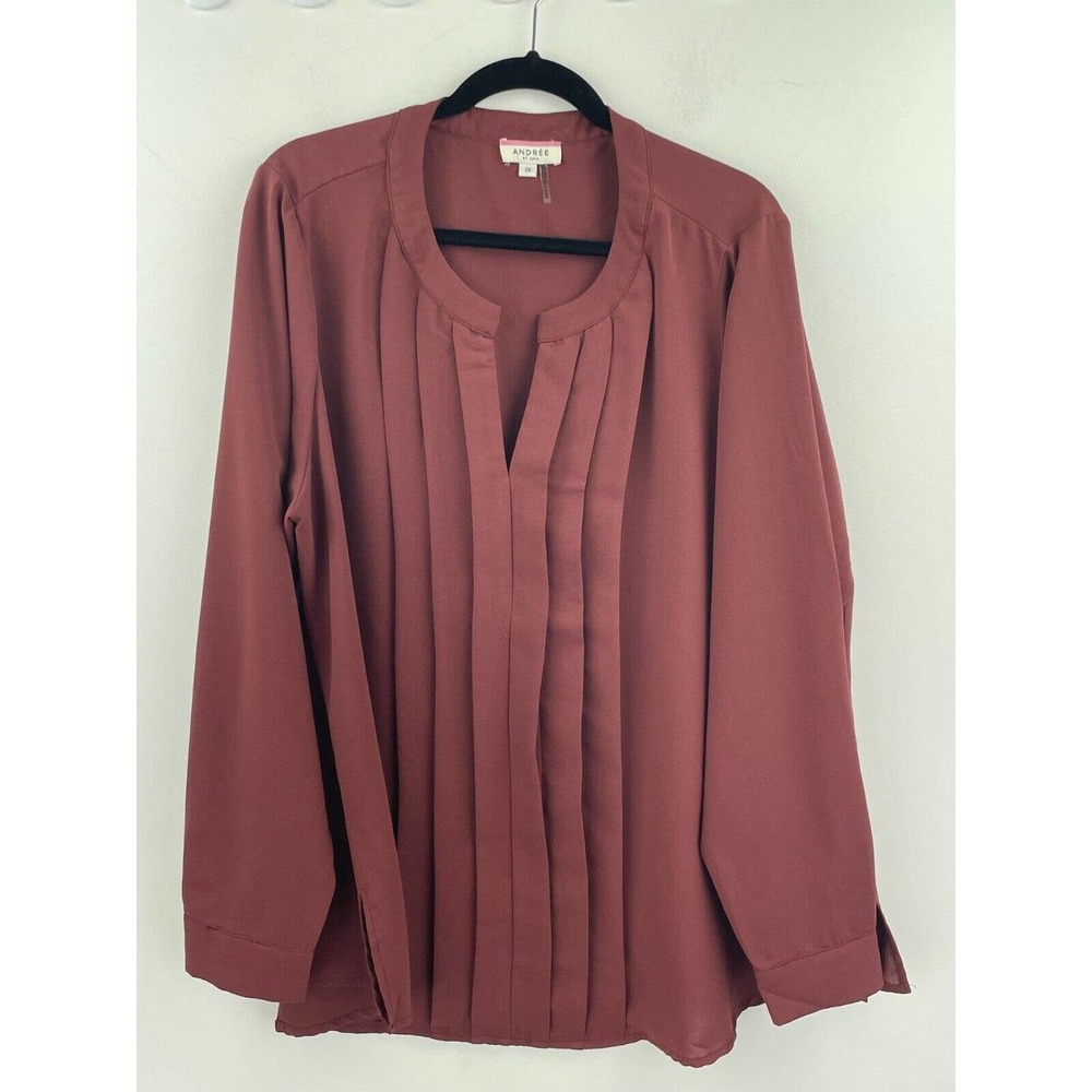 Andree By Unit 2X Peasant Top Blouse A60-13 Pink Purple Pleated Long Sleeve
